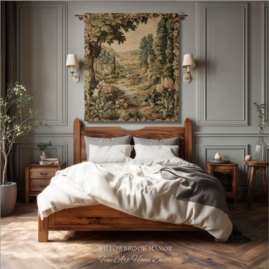 Floral Landscape French Verdure Aubusson Tapestry | Old World European Country Manor Art Mountain Meadow Riverbank Scene Woven Wall Decor