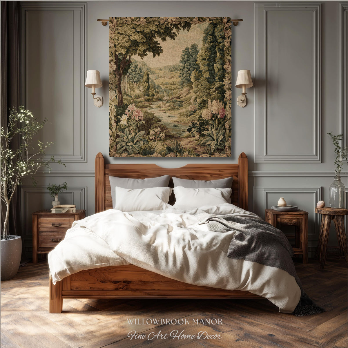 Floral Landscape French Verdure Aubusson Tapestry | Old World European Country Manor Art Mountain Meadow Riverbank Scene Woven Wall Decor