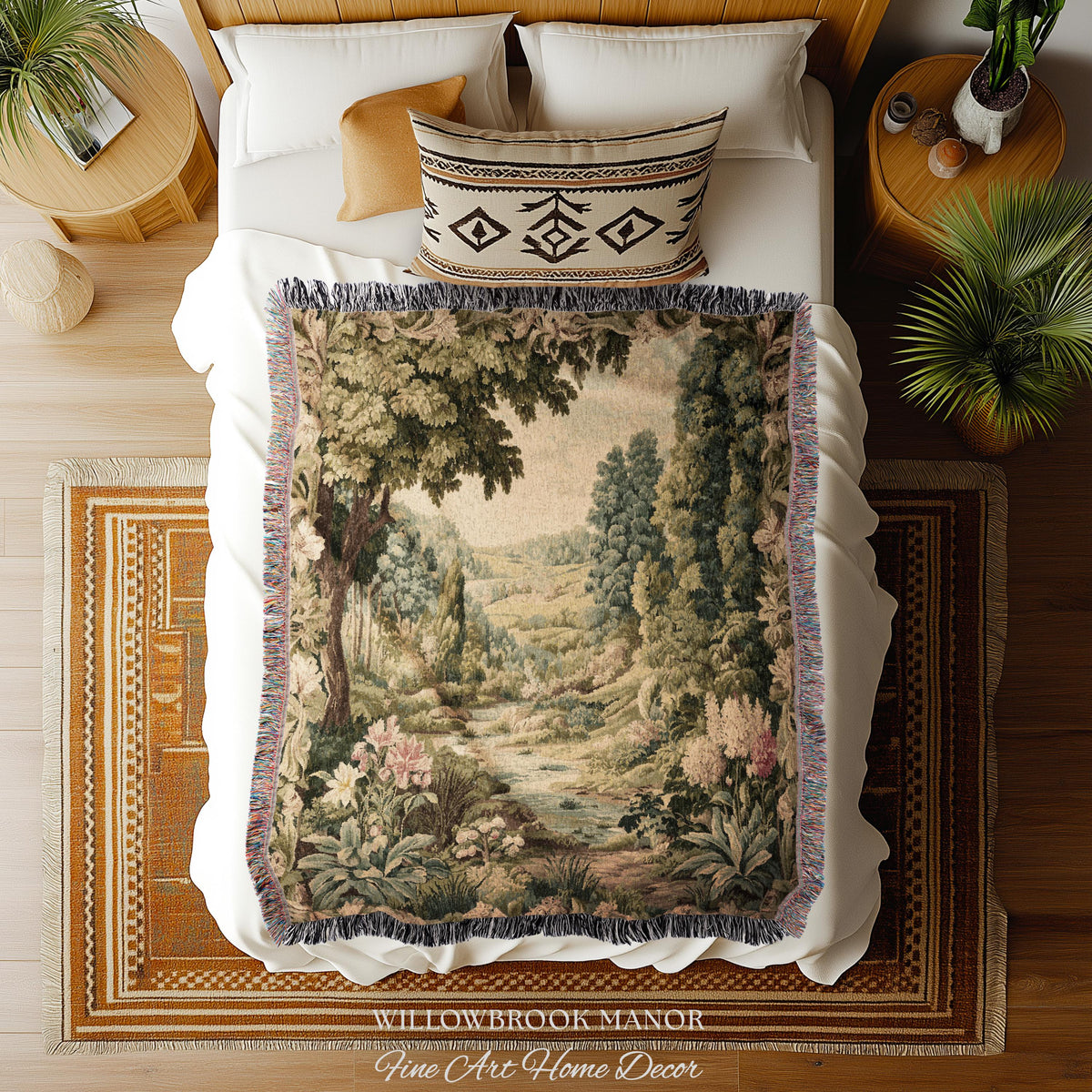 Floral Landscape French Verdure Aubusson Tapestry | Old World European Country Manor Art Mountain Meadow Riverbank Scene Woven Wall Decor