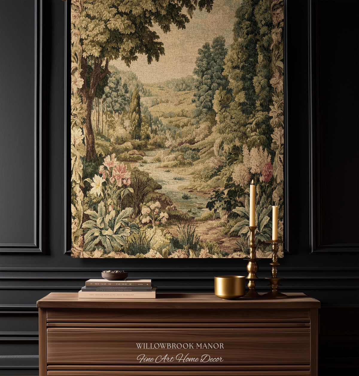 Floral Landscape French Verdure Aubusson Tapestry | Old World European Country Manor Art Mountain Meadow Riverbank Scene Woven Wall Decor