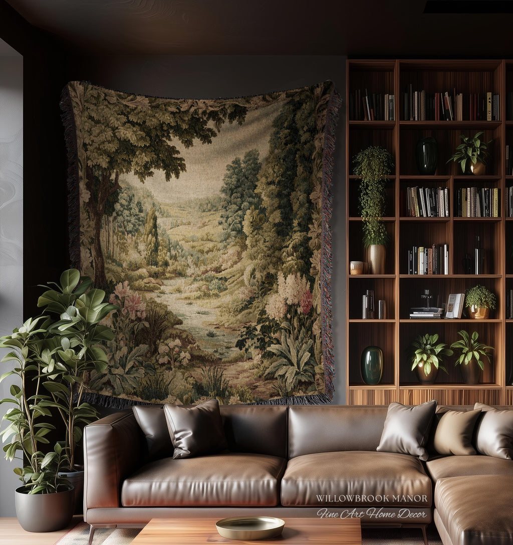 Floral Landscape French Verdure Aubusson Tapestry | Old World European Country Manor Art Mountain Meadow Riverbank Scene Woven Wall Decor