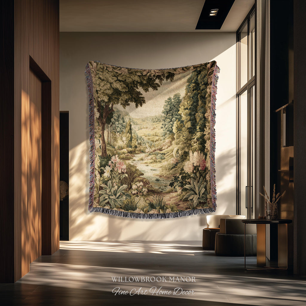 Floral Landscape French Verdure Aubusson Tapestry | Old World European Country Manor Art Mountain Meadow Riverbank Scene Woven Wall Decor
