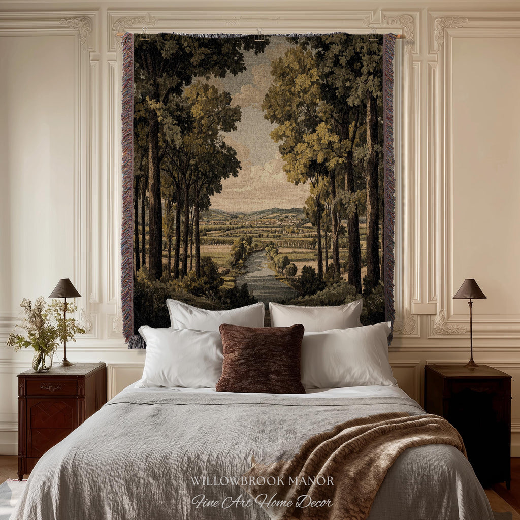 18th Century Style European Rustic Woodland River Art Classical Tapestry Jacquard Weaving | French Countryside Woven Textile Landscape Decor