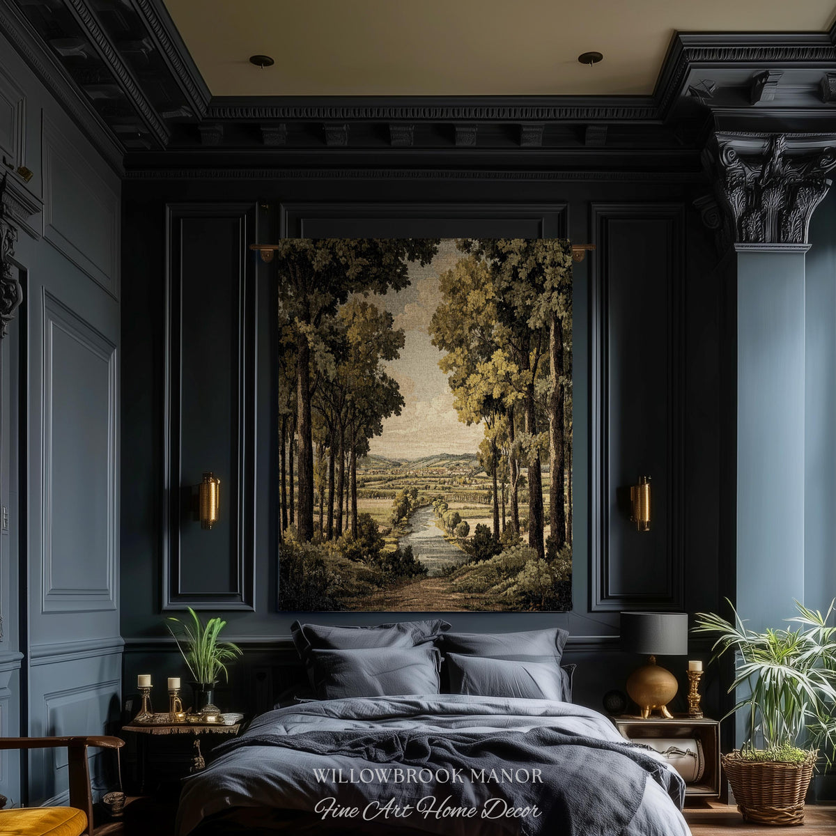 18th Century Style European Rustic Woodland River Art Classical Tapestry Jacquard Weaving | French Countryside Woven Textile Landscape Decor