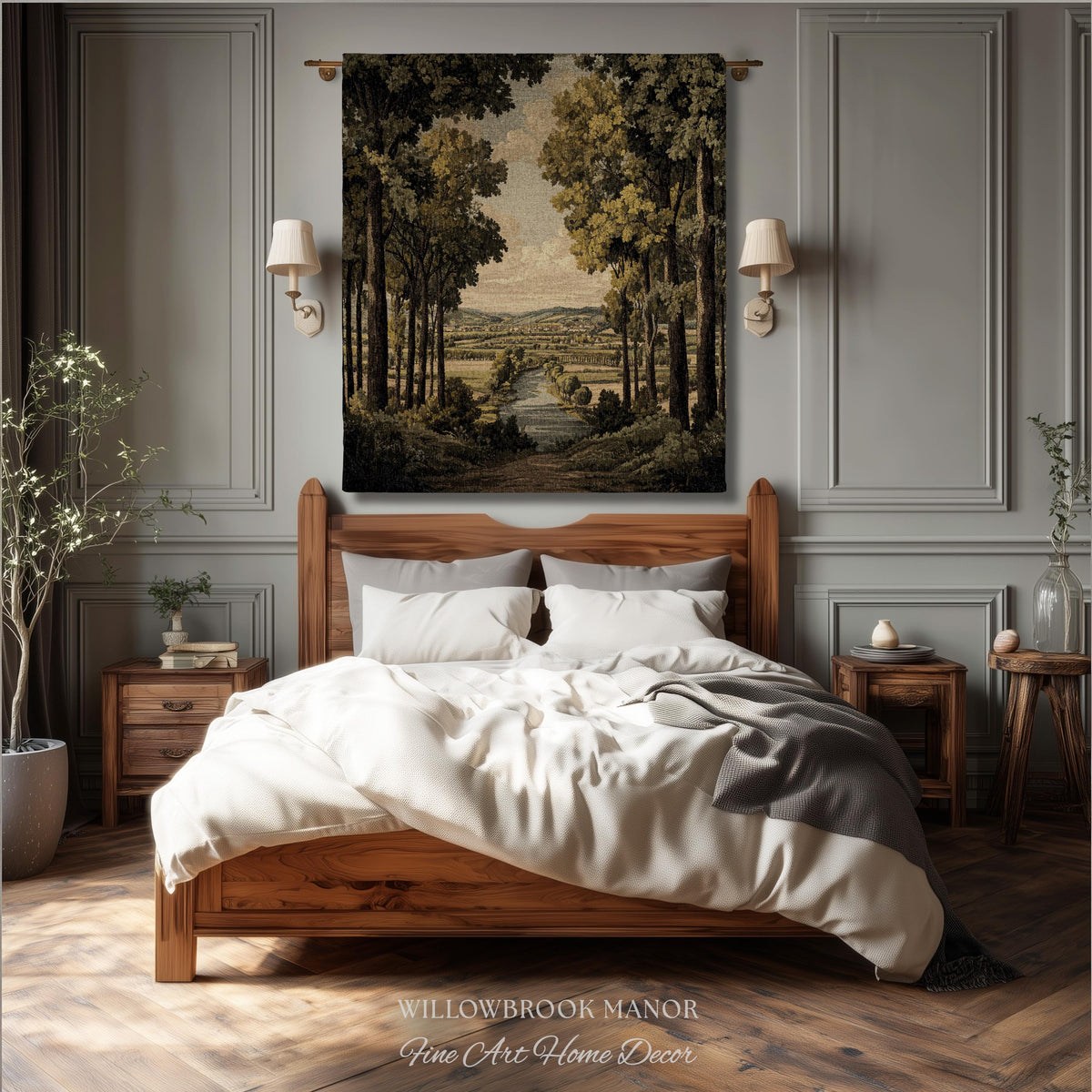 18th Century Style European Rustic Woodland River Art Classical Tapestry Jacquard Weaving | French Countryside Woven Textile Landscape Decor