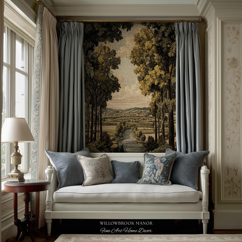18th Century Style European Rustic Woodland River Art Classical Tapestry Jacquard Weaving | French Countryside Woven Textile Landscape Decor