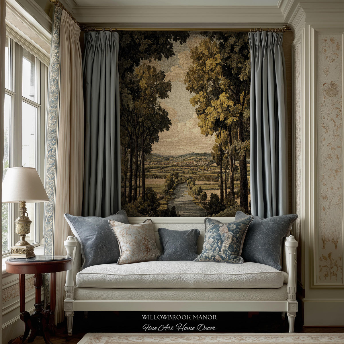 18th Century Style European Rustic Woodland River Art Classical Tapestry Jacquard Weaving | French Countryside Woven Textile Landscape Decor
