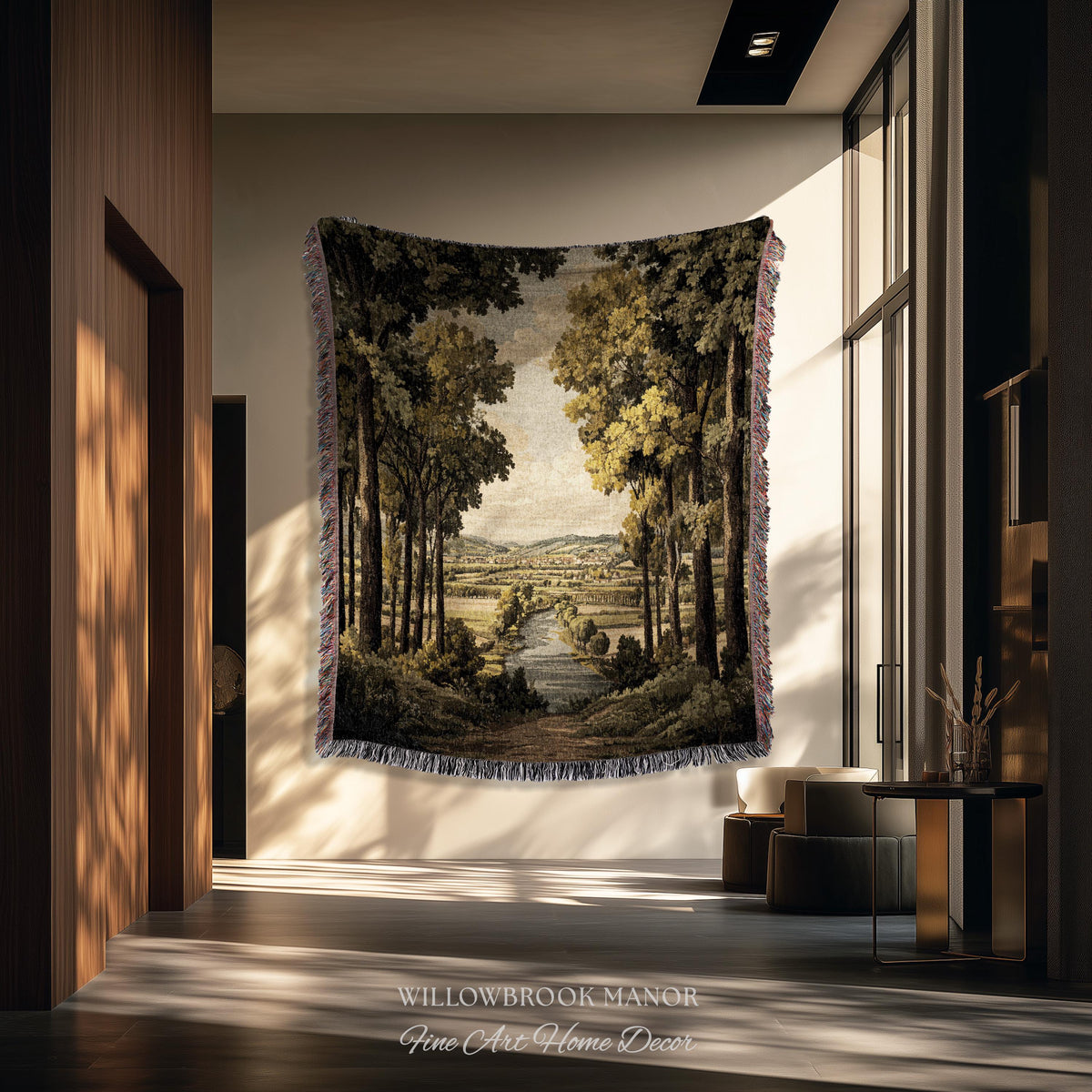 18th Century Style European Rustic Woodland River Art Classical Tapestry Jacquard Weaving | French Countryside Woven Textile Landscape Decor