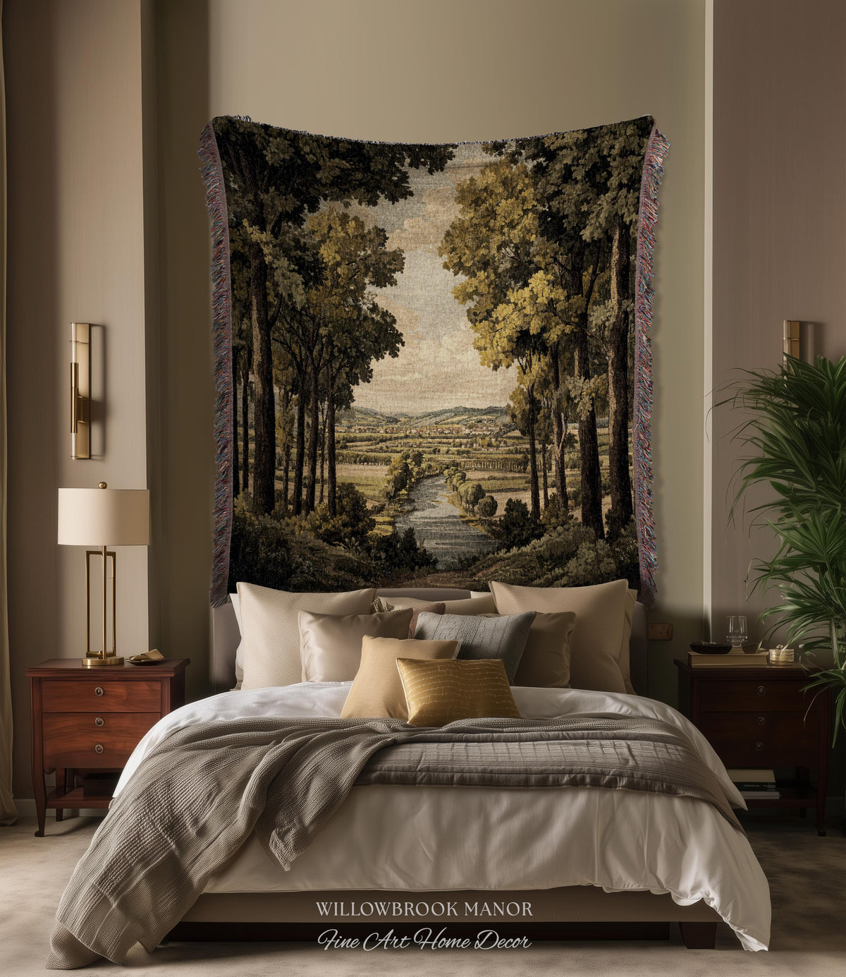 18th Century Style European Rustic Woodland River Art Classical Tapestry Jacquard Weaving | French Countryside Woven Textile Landscape Decor