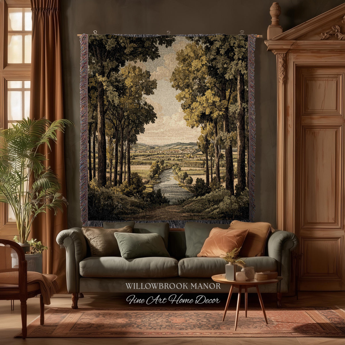 18th Century Style European Rustic Woodland River Art Classical Tapestry Jacquard Weaving | French Countryside Woven Textile Landscape Decor