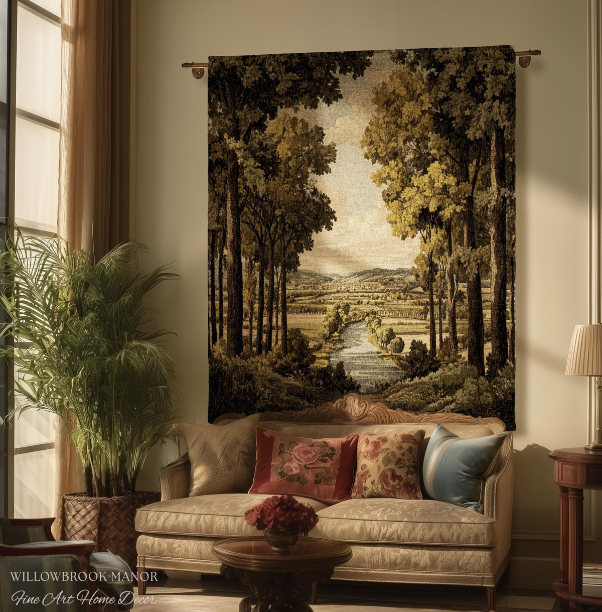 18th Century Style European Rustic Woodland River Art Classical Tapestry Jacquard Weaving | French Countryside Woven Textile Landscape Decor