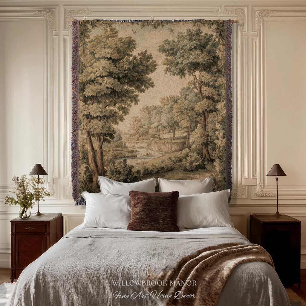 Classic Old World Countryside Riverbank Tapestry Throw Neutral Landscape Textile Art | Elegant Nature Woodland Woven Blanket Wall Hanging