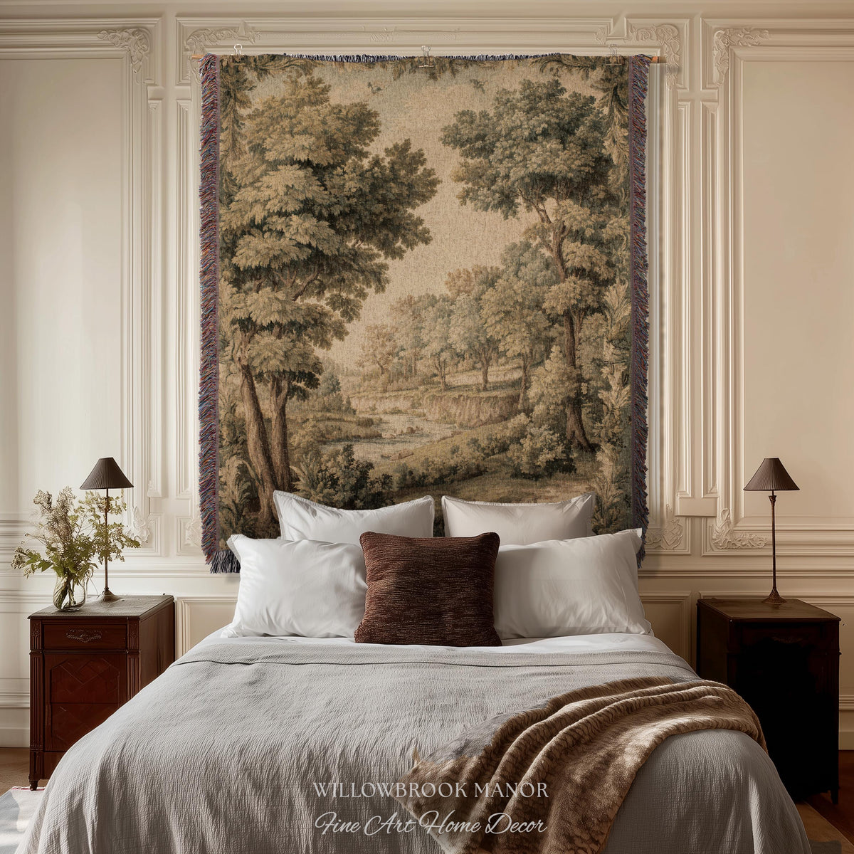 Classic Old World Countryside Riverbank Tapestry Throw Neutral Landscape Textile Art | Elegant Nature Woodland Woven Blanket Wall Hanging