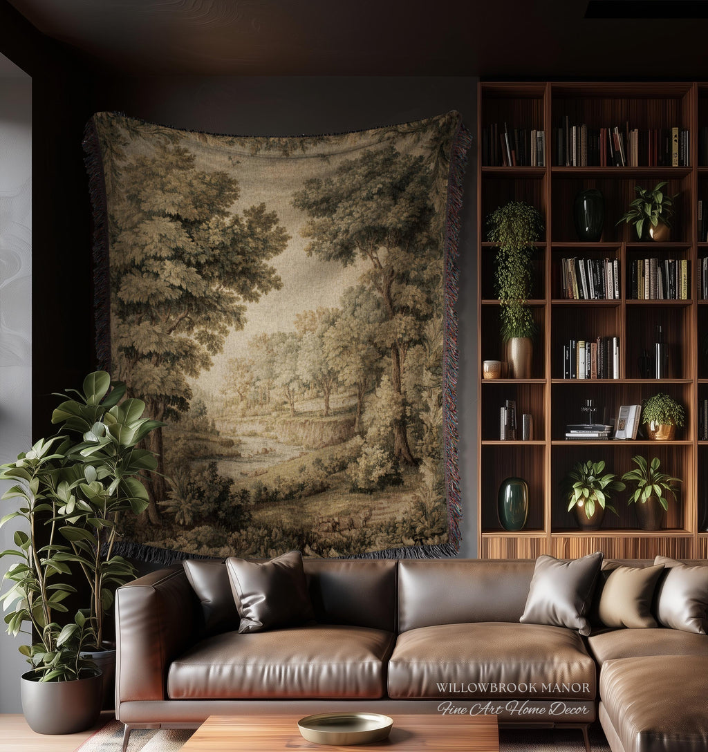 Classic Old World Countryside Riverbank Tapestry Throw Neutral Landscape Textile Art | Elegant Nature Woodland Woven Blanket Wall Hanging