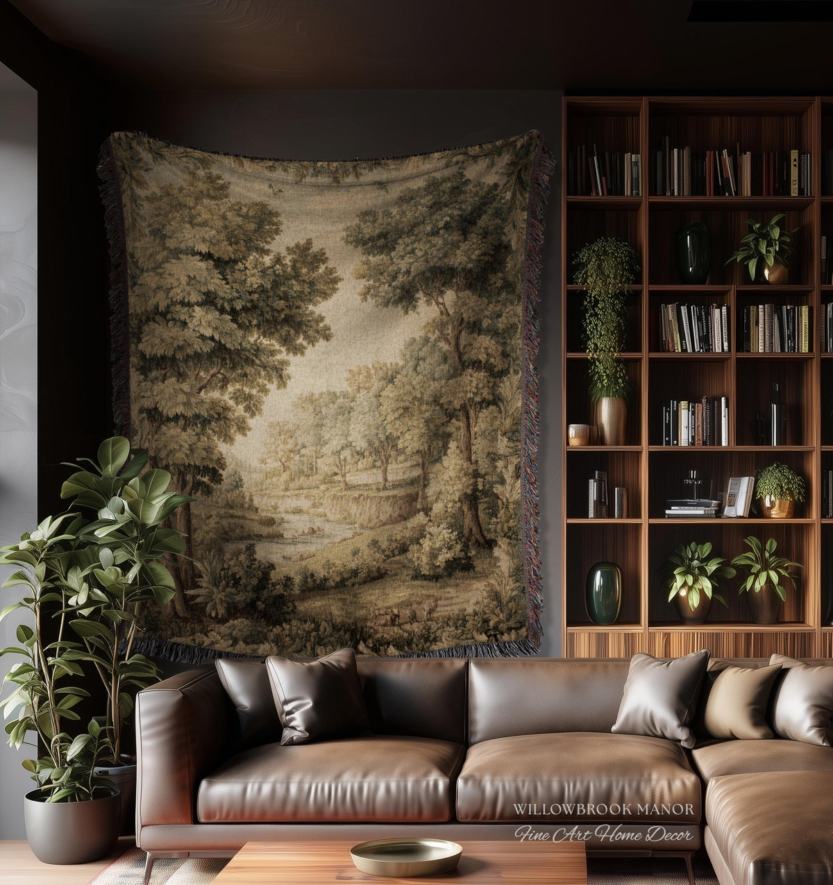 Classic Old World Countryside Riverbank Tapestry Throw Neutral Landscape Textile Art | Elegant Nature Woodland Woven Blanket Wall Hanging