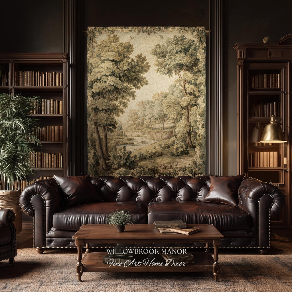 Classic Old World Countryside Riverbank Tapestry Throw Neutral Landscape Textile Art | Elegant Nature Woodland Woven Blanket Wall Hanging