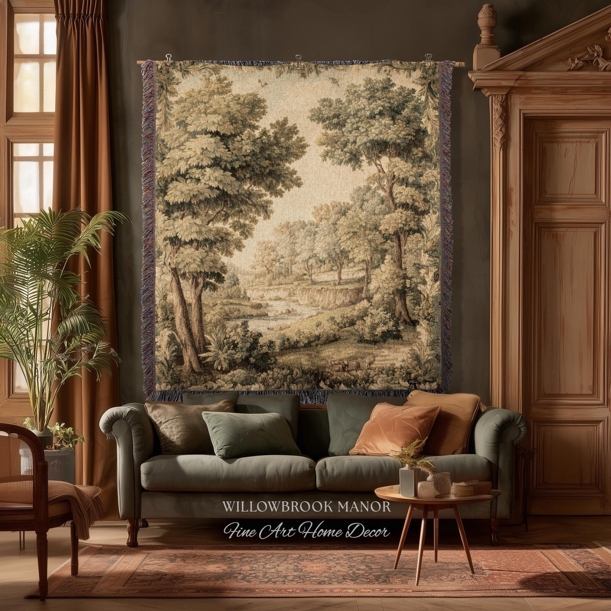 Classic Old World Countryside Riverbank Tapestry Throw Neutral Landscape Textile Art | Elegant Nature Woodland Woven Blanket Wall Hanging