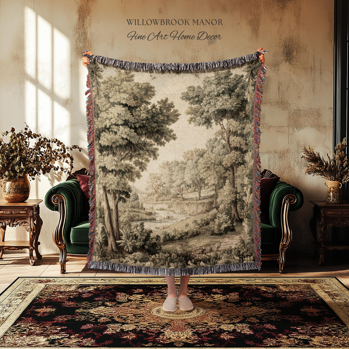 Classic Old World Countryside Riverbank Tapestry Throw Neutral Landscape Textile Art | Elegant Nature Woodland Woven Blanket Wall Hanging