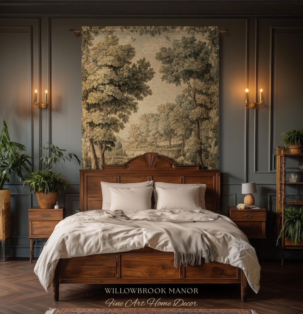 Classic Old World Countryside Riverbank Tapestry Throw Neutral Landscape Textile Art | Elegant Nature Woodland Woven Blanket Wall Hanging