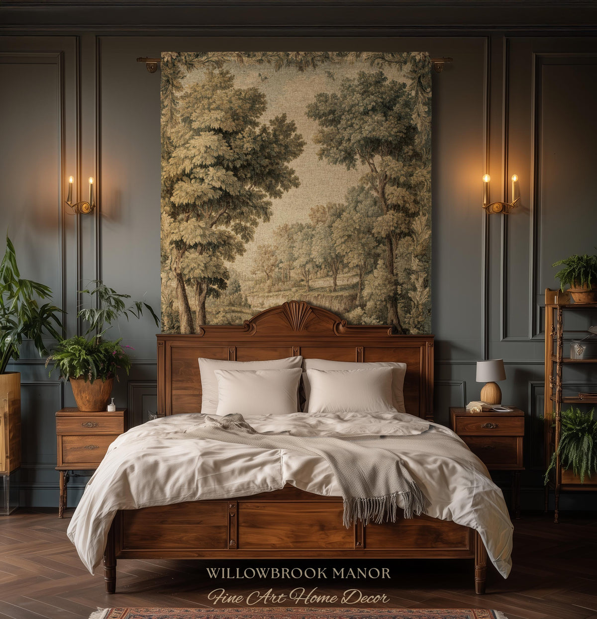 Classic Old World Countryside Riverbank Tapestry Throw Neutral Landscape Textile Art | Elegant Nature Woodland Woven Blanket Wall Hanging
