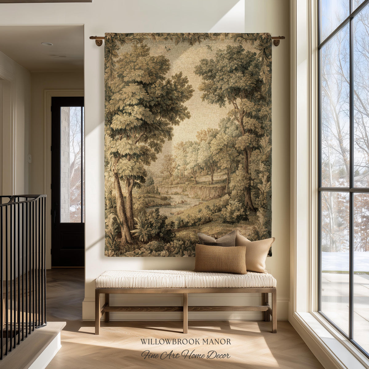 Classic Old World Countryside Riverbank Tapestry Throw Neutral Landscape Textile Art | Elegant Nature Woodland Woven Blanket Wall Hanging