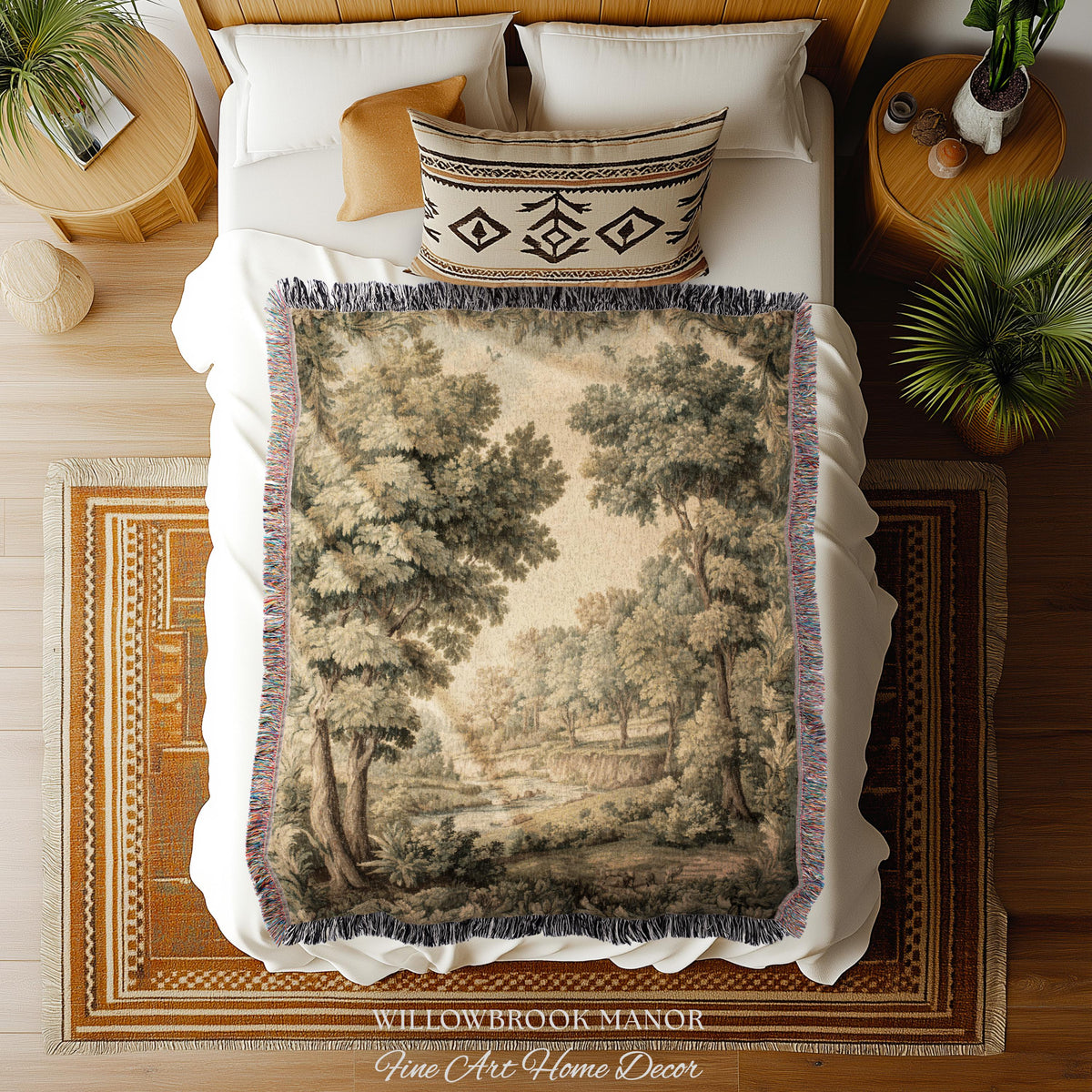 Classic Old World Countryside Riverbank Tapestry Throw Neutral Landscape Textile Art | Elegant Nature Woodland Woven Blanket Wall Hanging