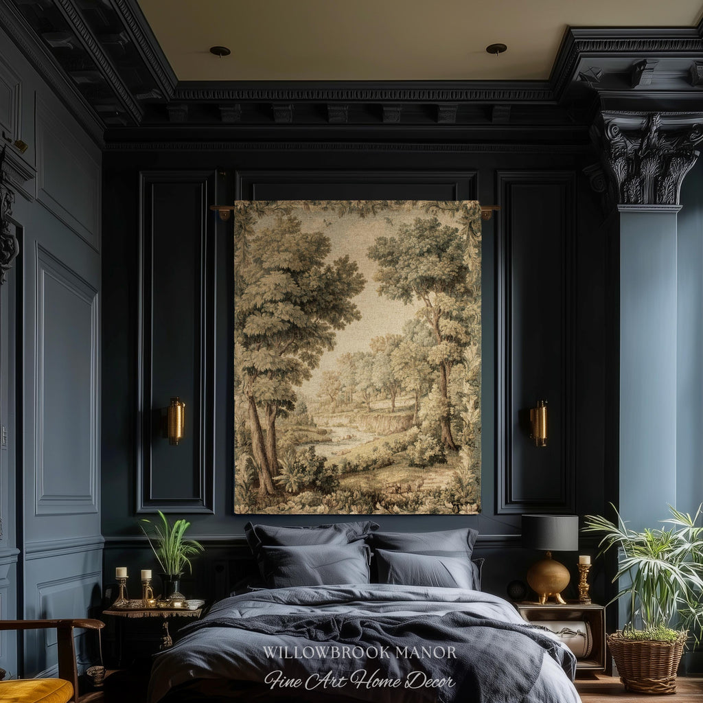 Classic Old World Countryside Riverbank Tapestry Throw Neutral Landscape Textile Art | Elegant Nature Woodland Woven Blanket Wall Hanging