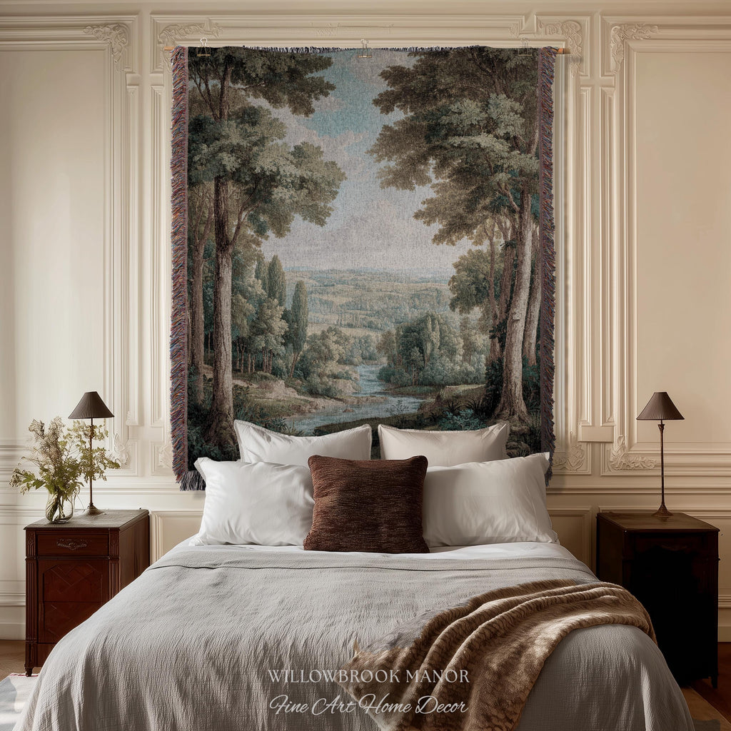Elegant Landscape Tapestry Hanging French Verdure Art, Whimsical Nature Mountain River View European Blanket Soft Woven Wall Nostalgic Decor