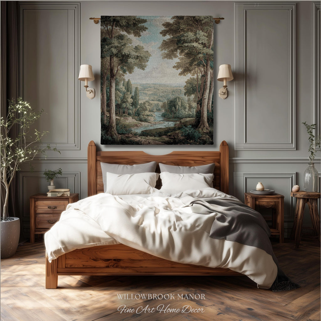 Elegant Landscape Tapestry Hanging French Verdure Art, Whimsical Nature Mountain River View European Blanket Soft Woven Wall Nostalgic Decor