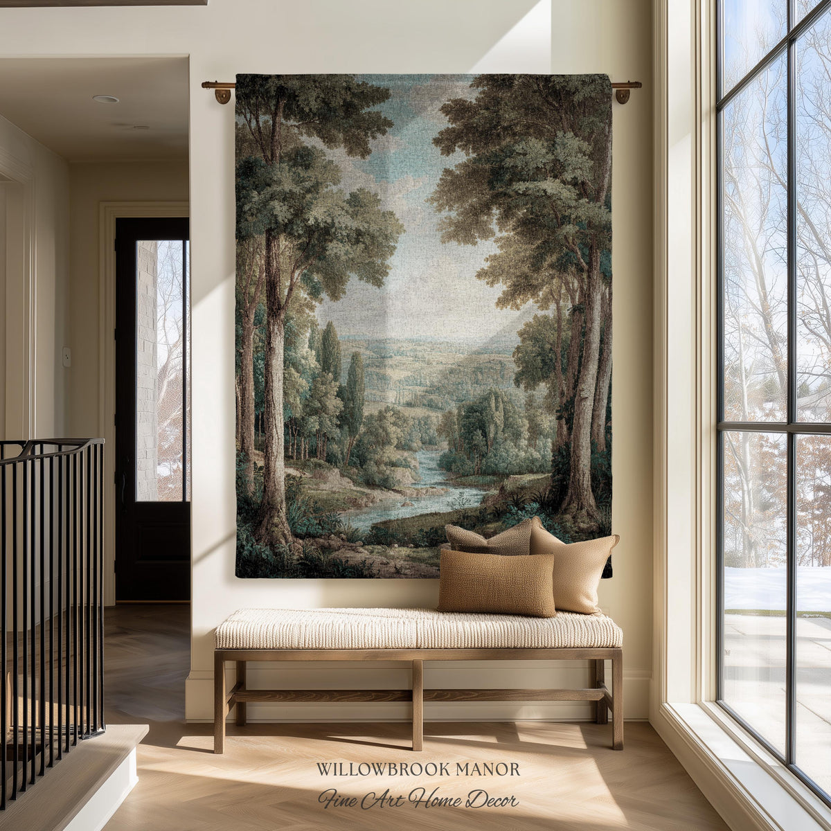 Elegant Landscape Tapestry Hanging French Verdure Art, Whimsical Nature Mountain River View European Blanket Soft Woven Wall Nostalgic Decor