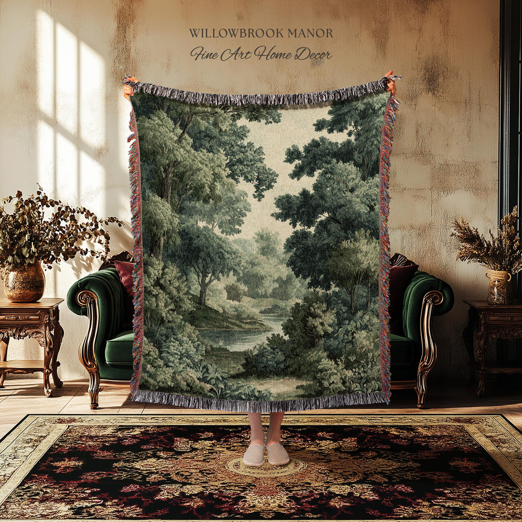 Verdant Woodland Forest Stream Woven Tapestry Decor Jacquard Wall Art, Heirloom Quality Classical Landscape Old World Charm River Scene View