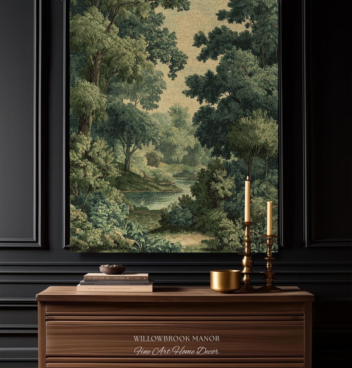Verdant Woodland Forest Stream Woven Tapestry Decor Jacquard Wall Art, Heirloom Quality Classical Landscape Old World Charm River Scene View