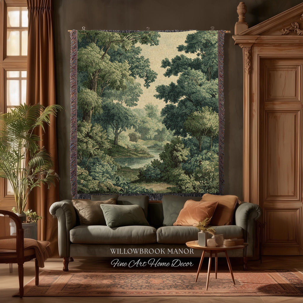 Verdant Woodland Forest Stream Woven Tapestry Decor Jacquard Wall Art, Heirloom Quality Classical Landscape Old World Charm River Scene View