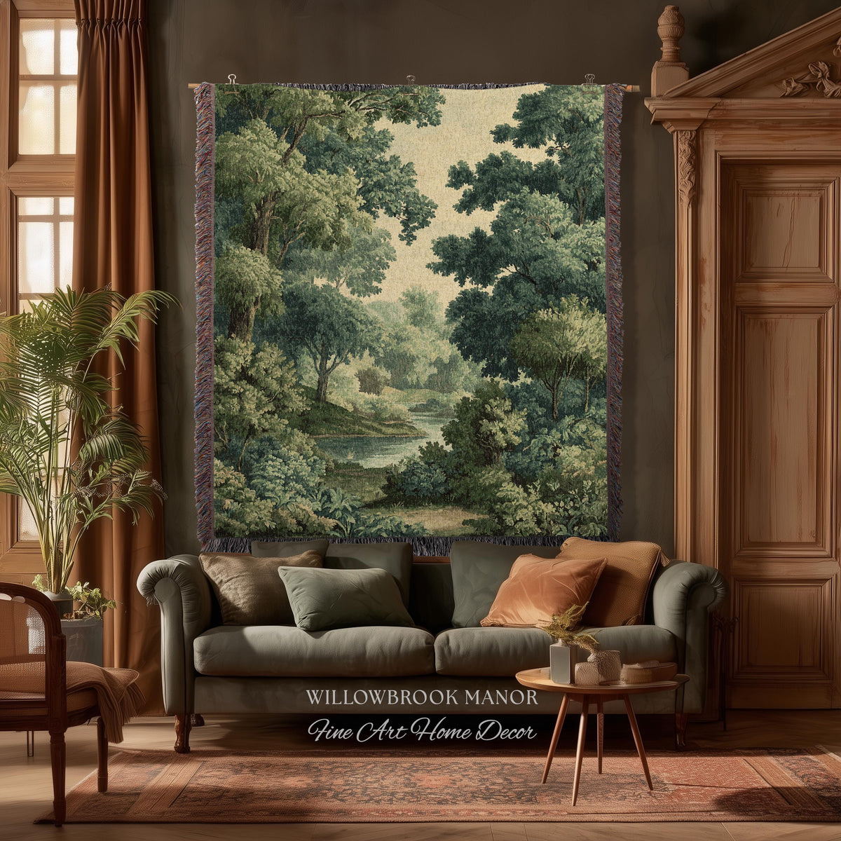 Verdant Woodland Forest Stream Woven Tapestry Decor Jacquard Wall Art, Heirloom Quality Classical Landscape Old World Charm River Scene View