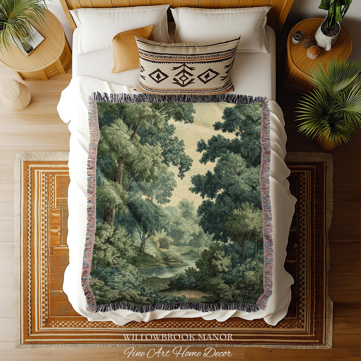Verdant Woodland Forest Stream Woven Tapestry Decor Jacquard Wall Art, Heirloom Quality Classical Landscape Old World Charm River Scene View