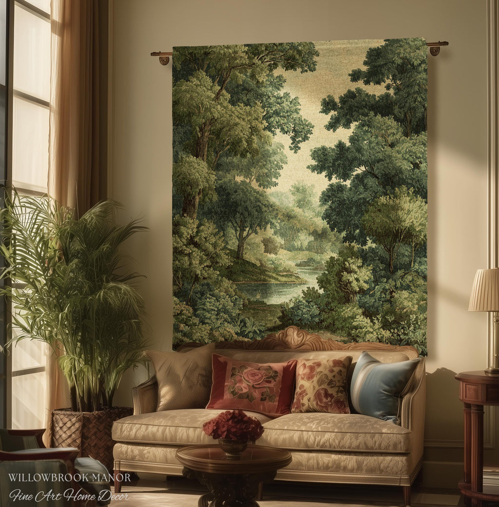 Verdant Woodland Forest Stream Woven Tapestry Decor Jacquard Wall Art, Heirloom Quality Classical Landscape Old World Charm River Scene View