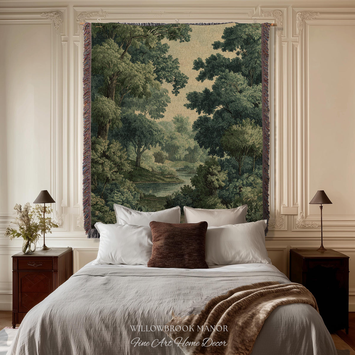Verdant Woodland Forest Stream Woven Tapestry Decor Jacquard Wall Art, Heirloom Quality Classical Landscape Old World Charm River Scene View