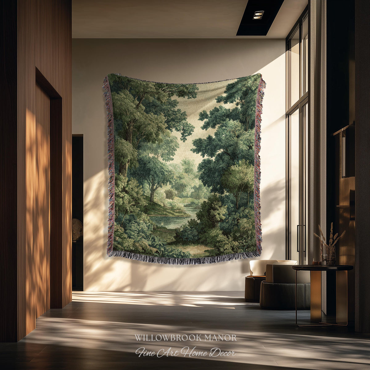 Verdant Woodland Forest Stream Woven Tapestry Decor Jacquard Wall Art, Heirloom Quality Classical Landscape Old World Charm River Scene View