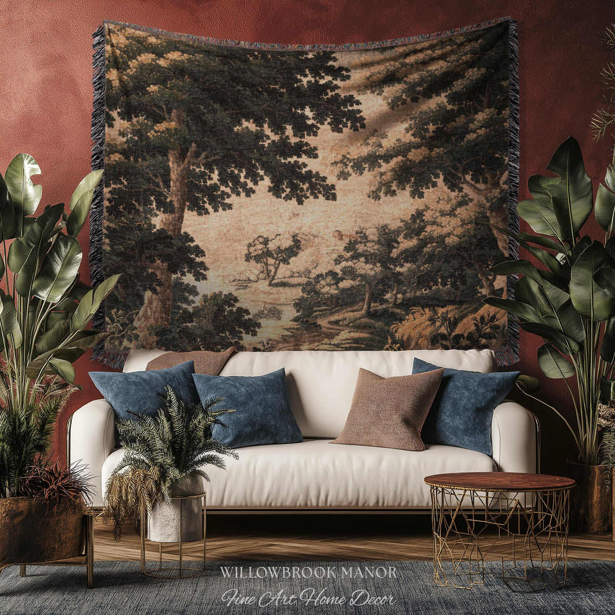 Earthy Woodland Woven Hanging Jacquard Tapestry Throw Blanket Old World Home Decor, Elegant English Country Foggy Woods Rustic Landscape Art