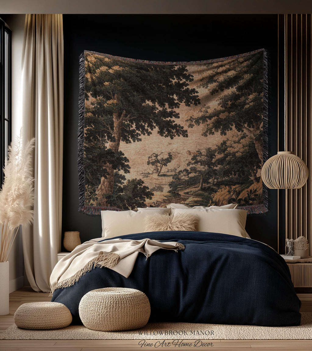 Earthy Woodland Woven Hanging Jacquard Tapestry Throw Blanket Old World Home Decor, Elegant English Country Foggy Woods Rustic Landscape Art