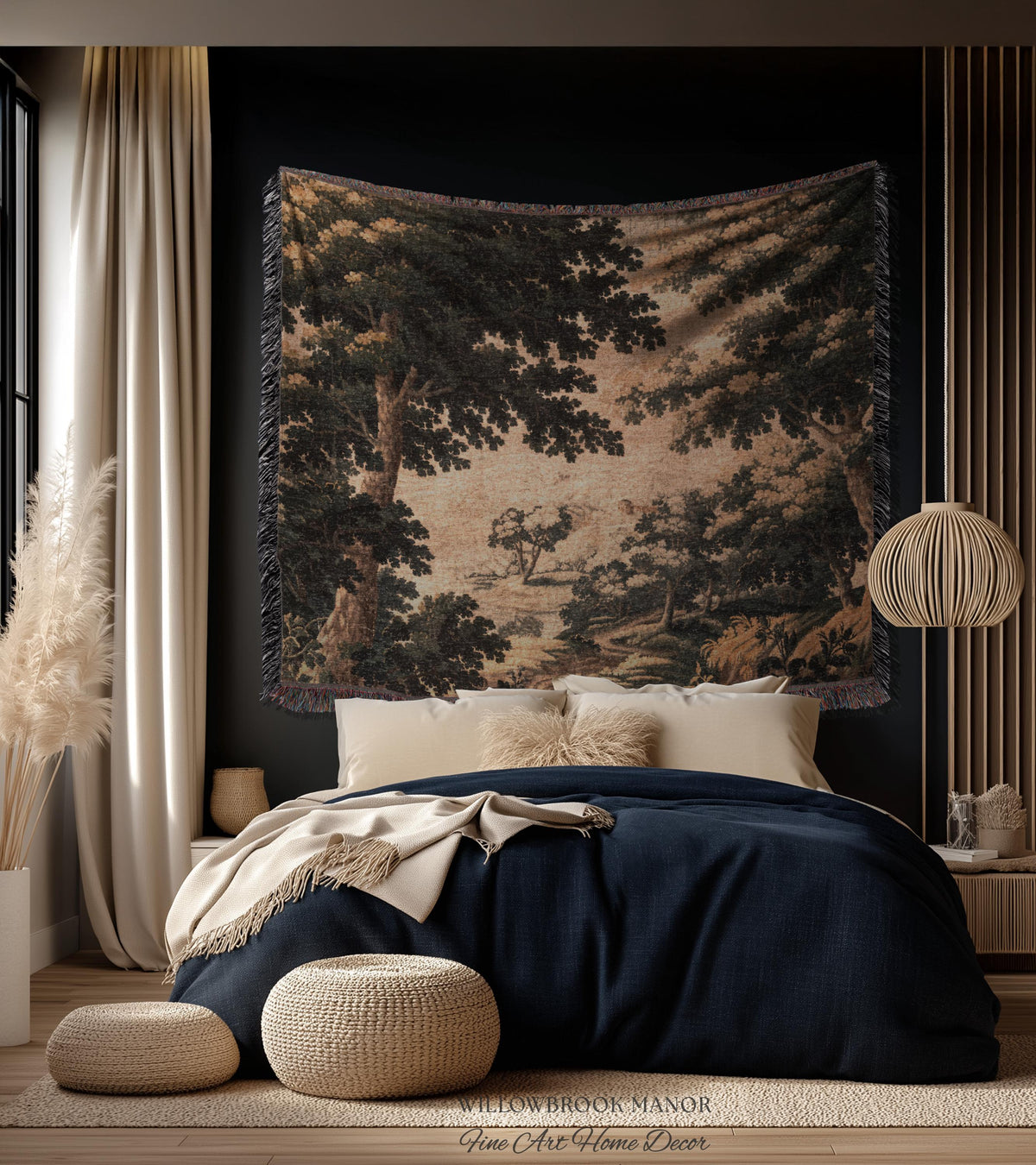 Earthy Woodland Woven Hanging Jacquard Tapestry Throw Blanket Old World Home Decor, Elegant English Country Foggy Woods Rustic Landscape Art