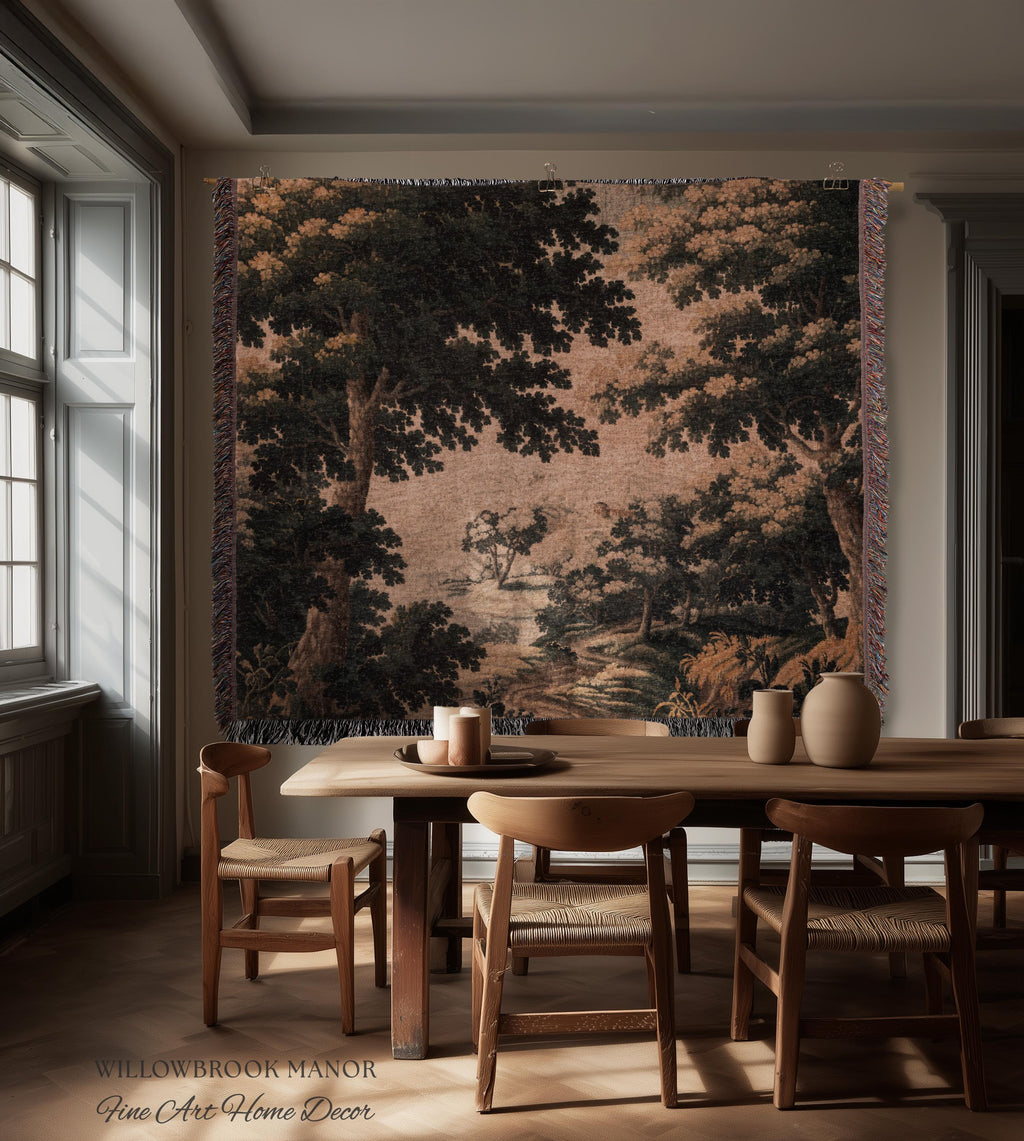 Earthy Woodland Woven Hanging Jacquard Tapestry Throw Blanket Old World Home Decor, Elegant English Country Foggy Woods Rustic Landscape Art