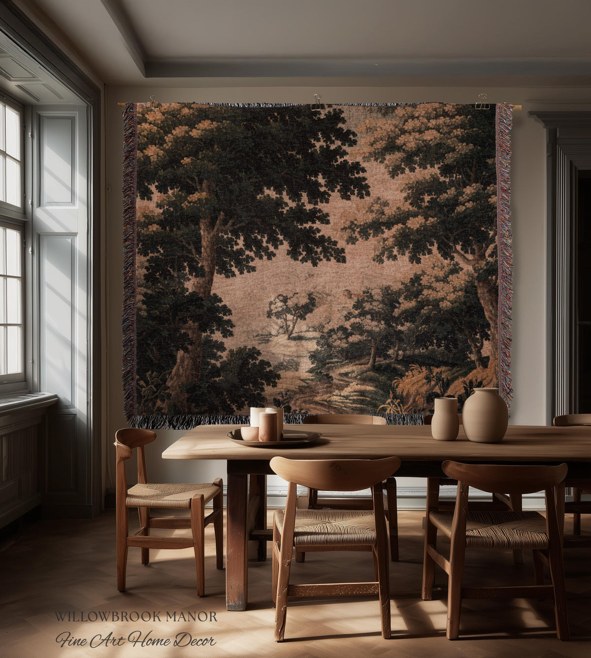 Earthy Woodland Woven Hanging Jacquard Tapestry Throw Blanket Old World Home Decor, Elegant English Country Foggy Woods Rustic Landscape Art