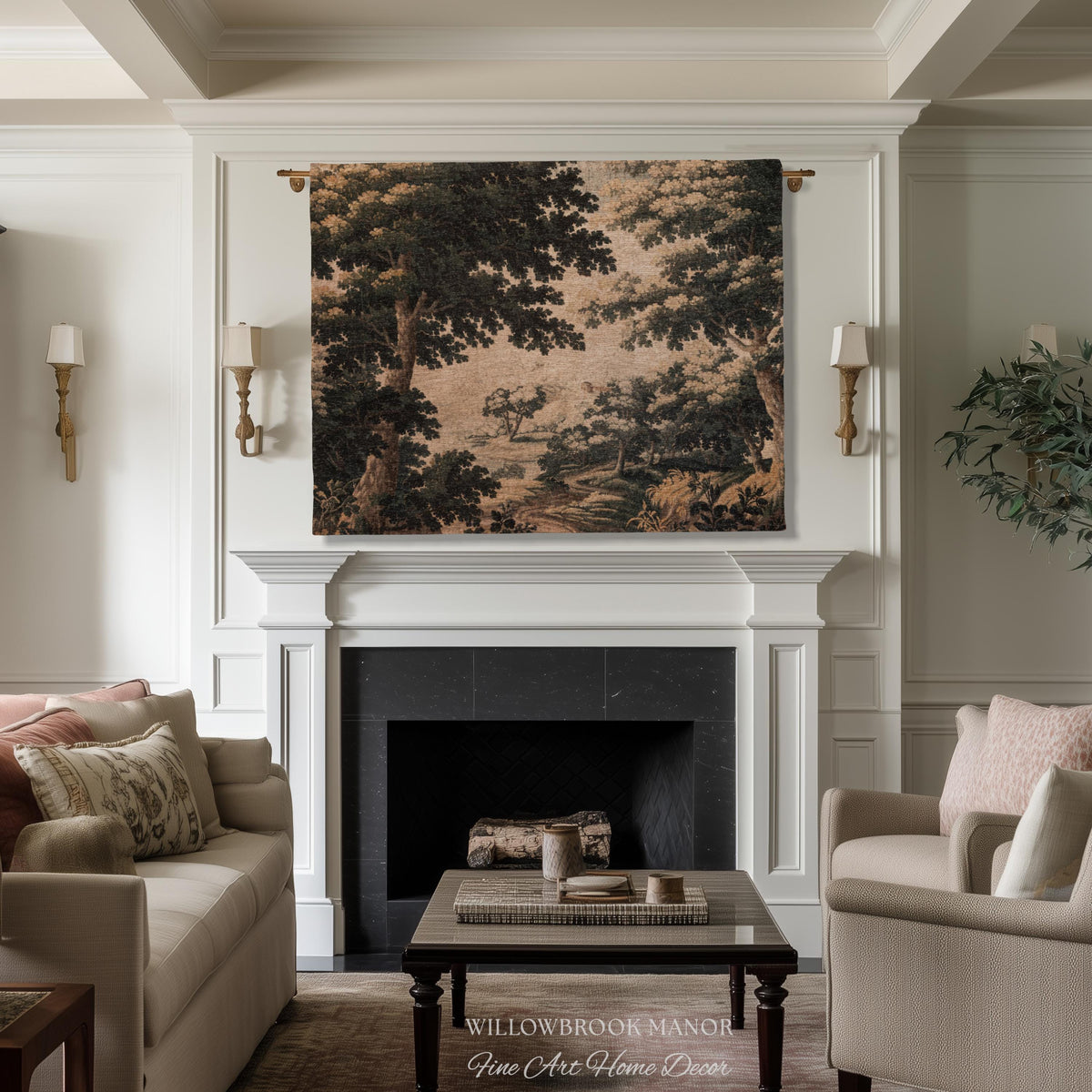 Earthy Woodland Woven Hanging Jacquard Tapestry Throw Blanket Old World Home Decor, Elegant English Country Foggy Woods Rustic Landscape Art