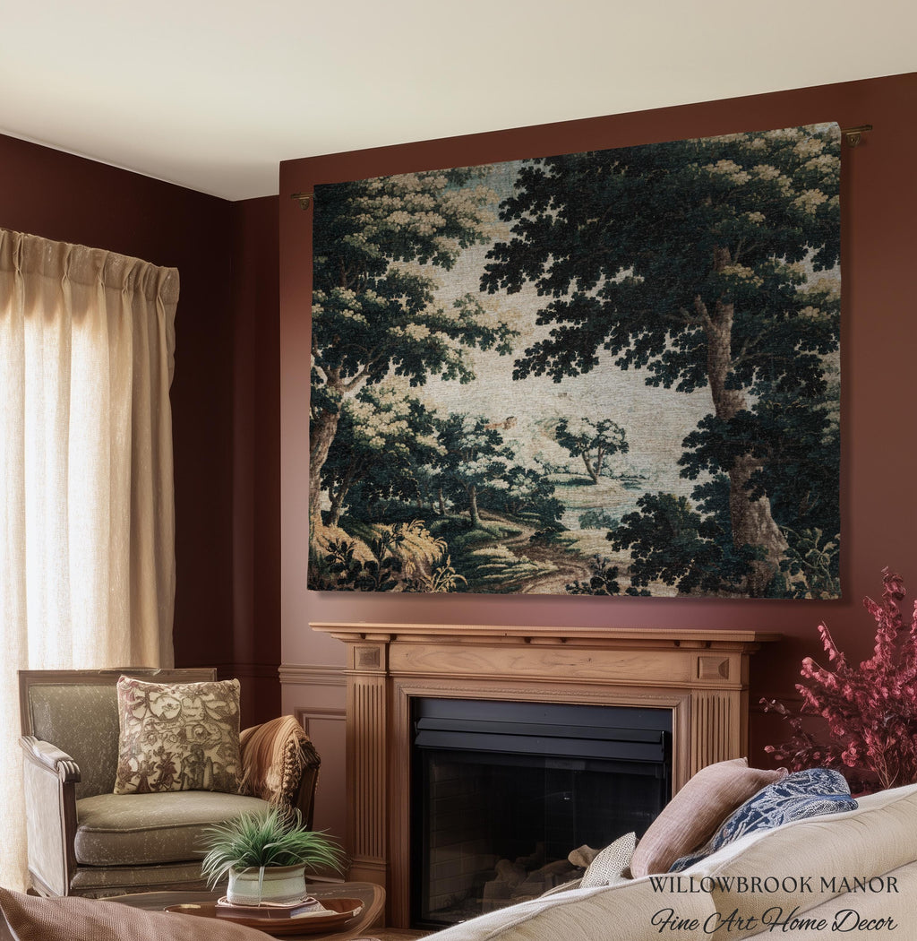 Historic Forest Grove Verdure Landscape Tapestry Woven Scenic Textile Art | Vintage Heritage Woodland Countryside Traditional Wall Hanging