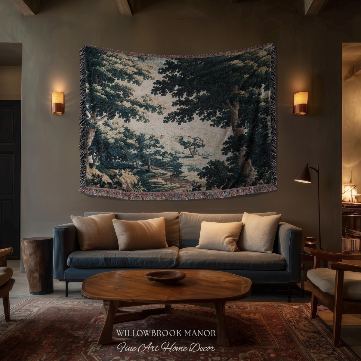 Historic Forest Grove Verdure Landscape Tapestry Woven Scenic Textile Art | Vintage Heritage Woodland Countryside Traditional Wall Hanging
