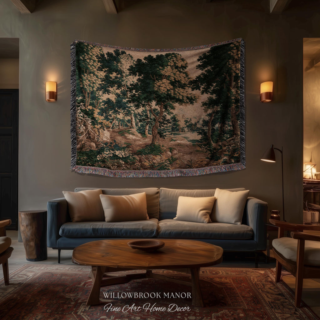 Woodland Forest Woven Blanket Wall Tapestry Decor | Antique French Textile Jacquard Tree Scene Art Traditional Greenery Pond Landscape Throw