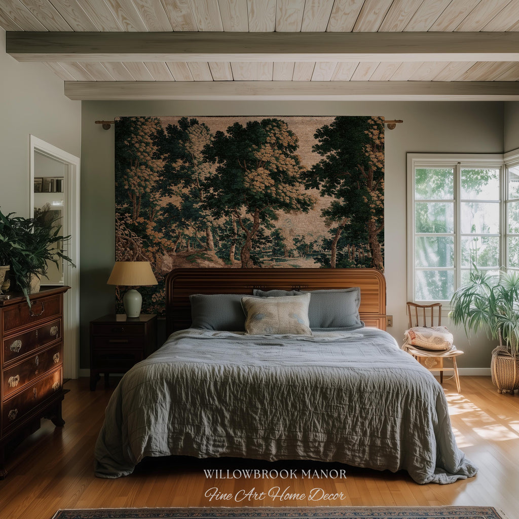 Woodland Forest Woven Blanket Wall Tapestry Decor | Antique French Textile Jacquard Tree Scene Art Traditional Greenery Pond Landscape Throw
