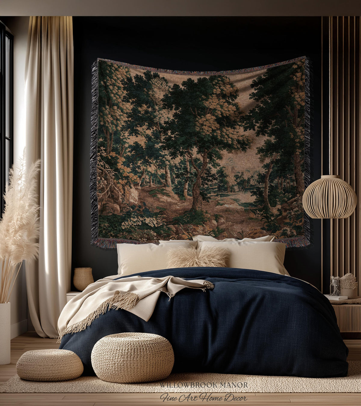 Woodland Forest Woven Blanket Wall Tapestry Decor | Antique French Textile Jacquard Tree Scene Art Traditional Greenery Pond Landscape Throw