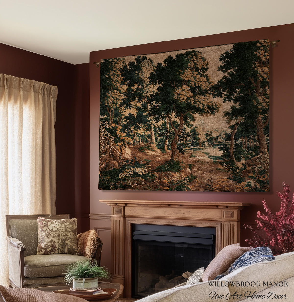 Woodland Forest Woven Blanket Wall Tapestry Decor | Antique French Textile Jacquard Tree Scene Art Traditional Greenery Pond Landscape Throw